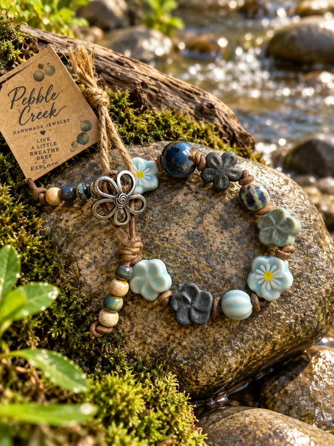 "Daisy Blues" Hand knotted leather and ceramic bracelet