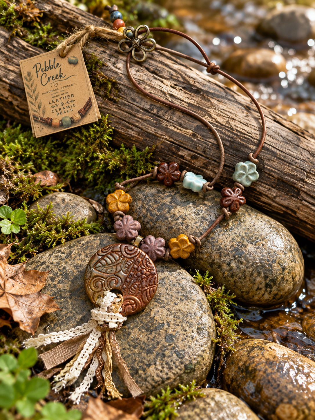 "Shabby Chic Petals" Tassel Polymer Pendant Necklace