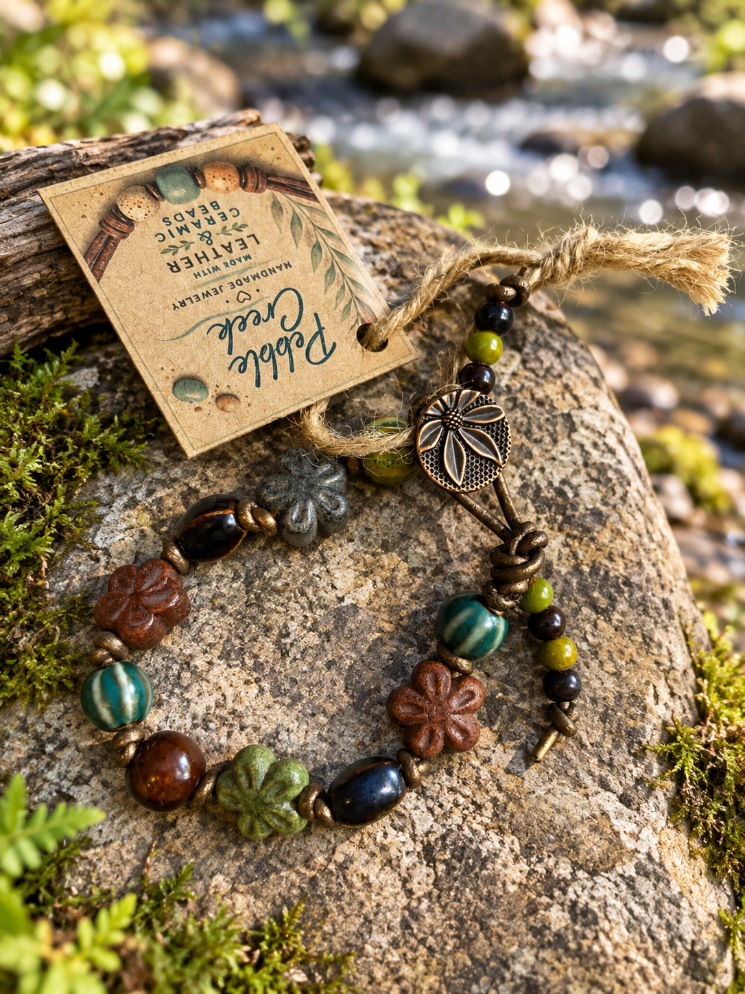 "Earth Rally" Hand knotted leather and ceramic bracelet