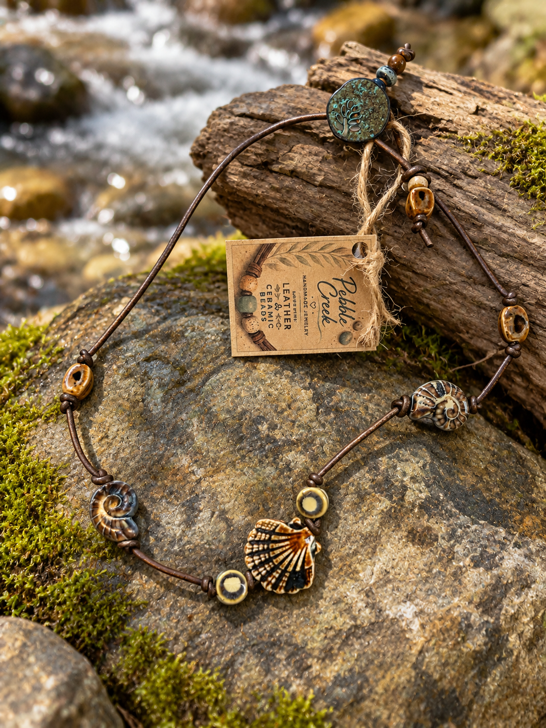 "Shells Galore" Hand knotted leather and ceramic shells