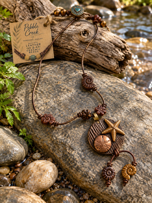 "My Board Walk" Hand knotted leather and ceramic necklace