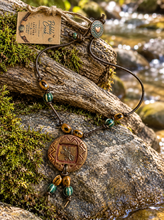 "He's my Gecko" tribal boho knotted leather & polymer pendant
