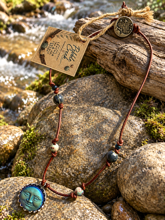 Pebble Creek unique button on hand knotted beaded necklace with moon pendant