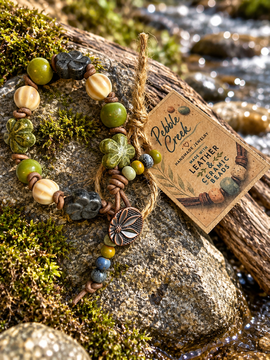 "Nature Walk" Hand knotted leather and ceramic bracelet