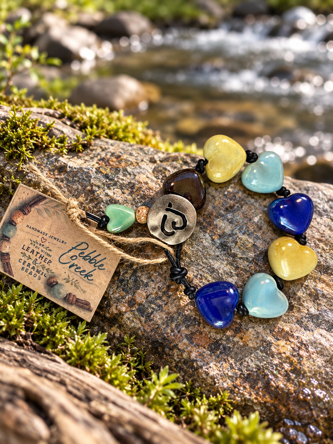 "Balloon Hearts" Hand knotted leather and ceramic bracelet