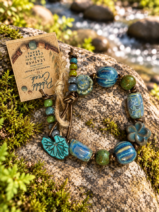 "Floating Lily" Hand knotted leather and ceramic bracelet