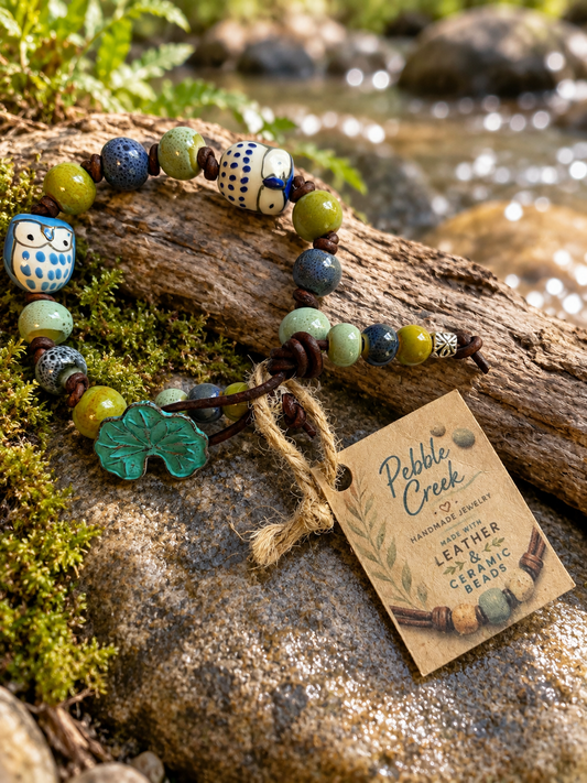 "Hoots and Flowers" Hand knotted leather and ceramic bracelet